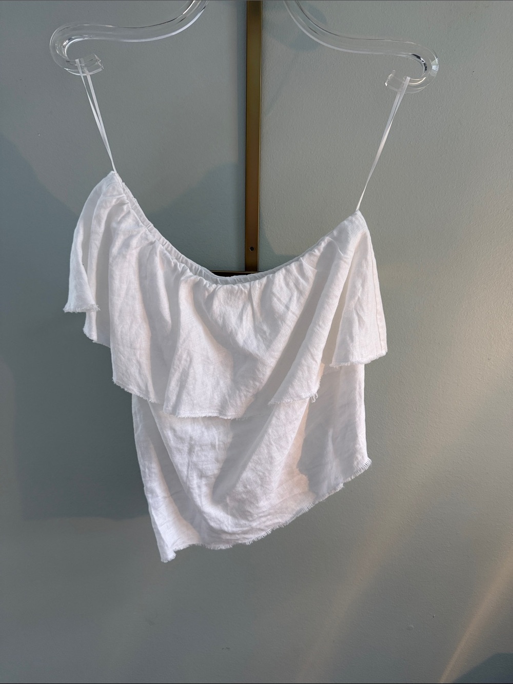 Women's White Ruffle Asymmetrical Linen Top